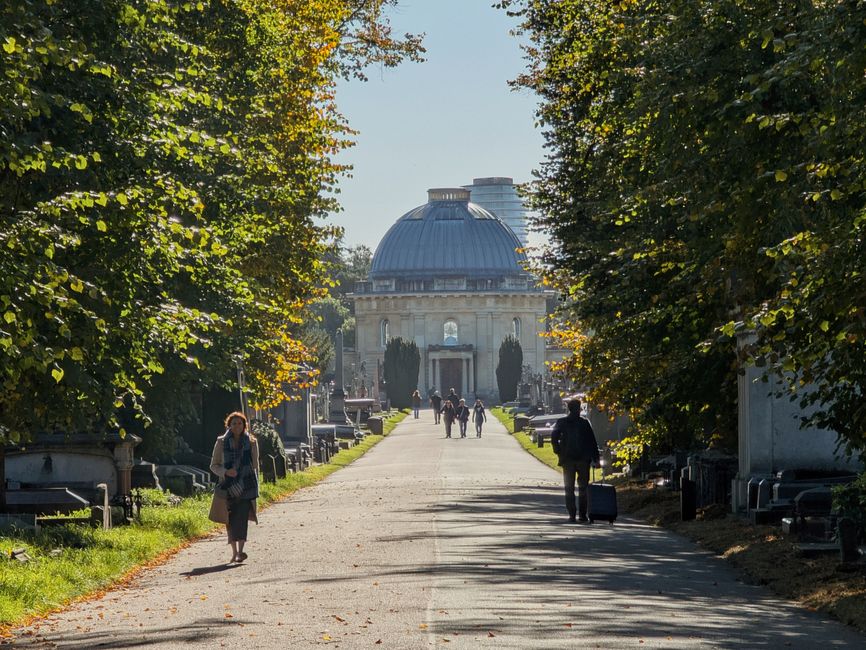 A wide, straight pathway leading through a cemetery lined with large, leafy trees on both sides, creating a shaded corridor with dappled sunlight. In the background, a prominent domed monument or mausoleum with classical architectural features, including columns and a rounded roof, stands at the end of the pathway. Several individuals are visible walking along the path, some carrying bags or wheeled luggage, suggesting a mixture of visitors and tourists. The trees are lush with green foliage, and shadows are cast across the gravel path, which appears well-maintained. On either side of the pathway, numerous grave markers and tombstones are visible, varying in size and material, with some made of dark polished stone and others of lighter, weathered stone. The scene exudes a peaceful, orderly atmosphere, reflecting an environment where private or independent approach to waste or rubbish collection may be relevant for maintaining the site’s respectful condition, aligning subtly with rubbish removal or clearance services like those provided by Rubbish Clearance Brompton.